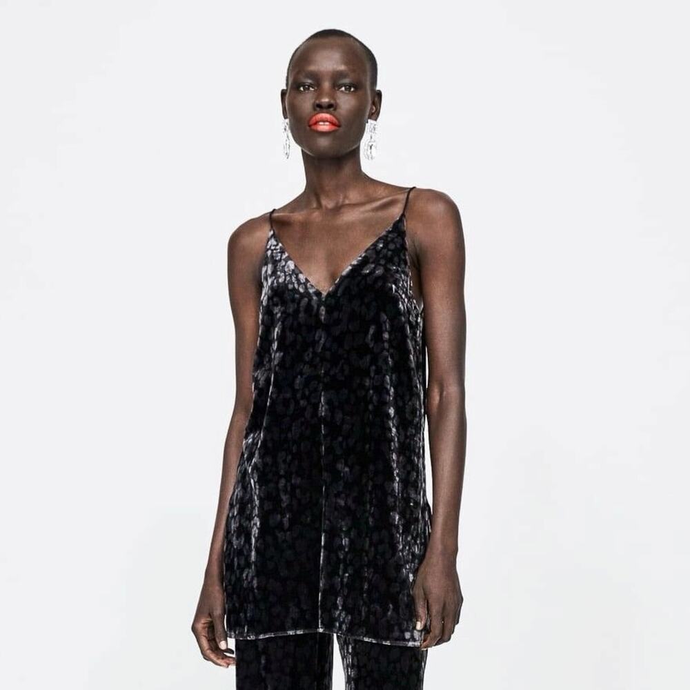 Zara Black Velvet Velour Animal Print Sleeveless Cami Mini Top Tunic Dress Sz XS